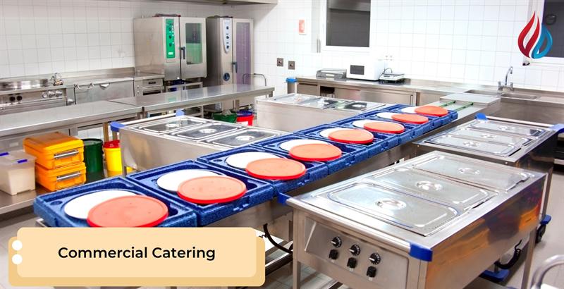 Commercial catering kitchen with gas cooking equipment