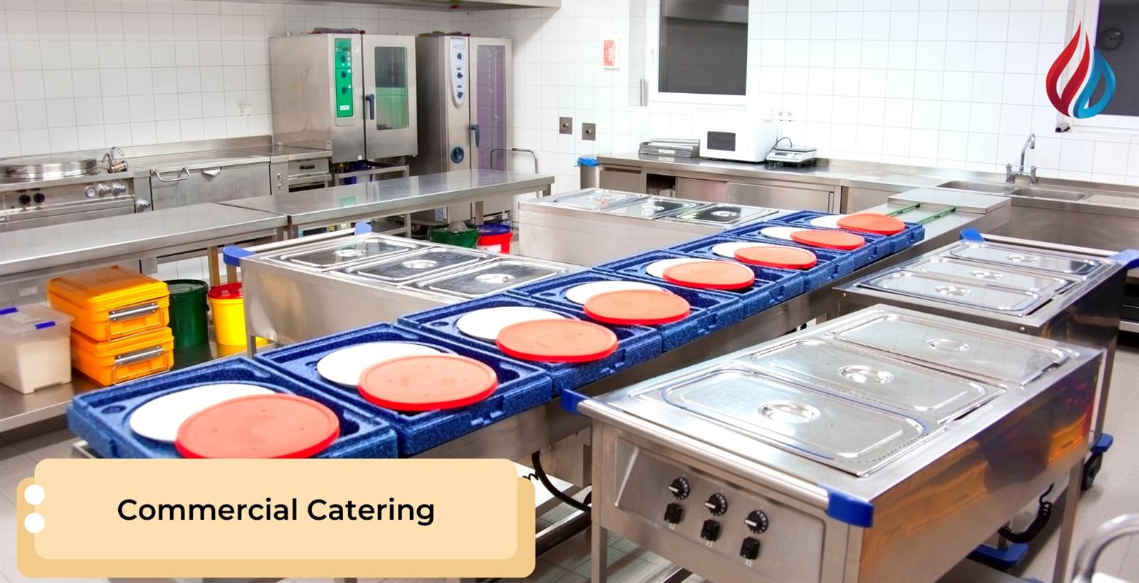 Gas-powered cooking equipment in a commercial catering kitchen